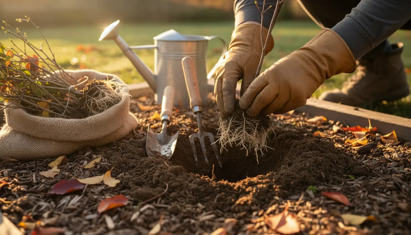 Nærbillede af hænder, der planter små barrodsplanter i efterårsjord.