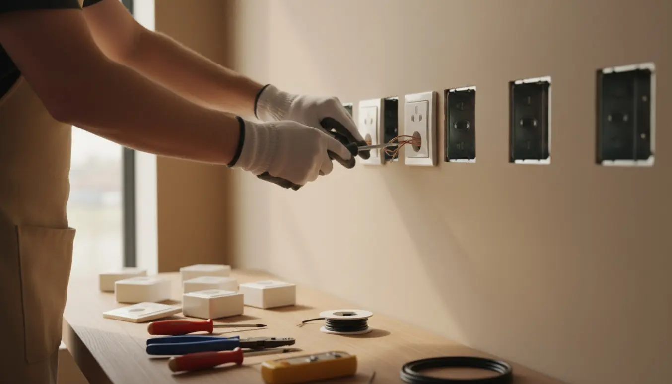 Hænder i isolerede handsker monterer en stikkontakt ved en væg med syv udskæringer og værktøj.