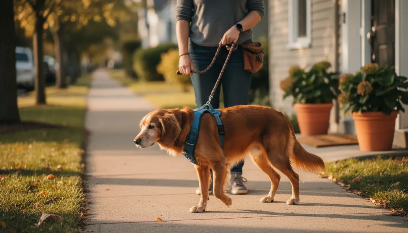 En ældre hund går roligt en kort, ca. 15-minutters gåtur i nabolaget med ejer set bagfra.