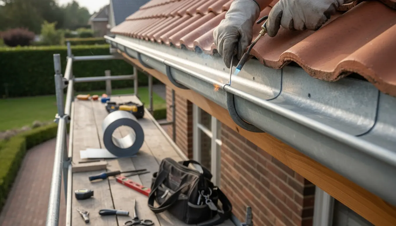 Nærbillede af håndværker, der lodder en zinktagrende på konsoljern ved stillads omkring tagfoden.