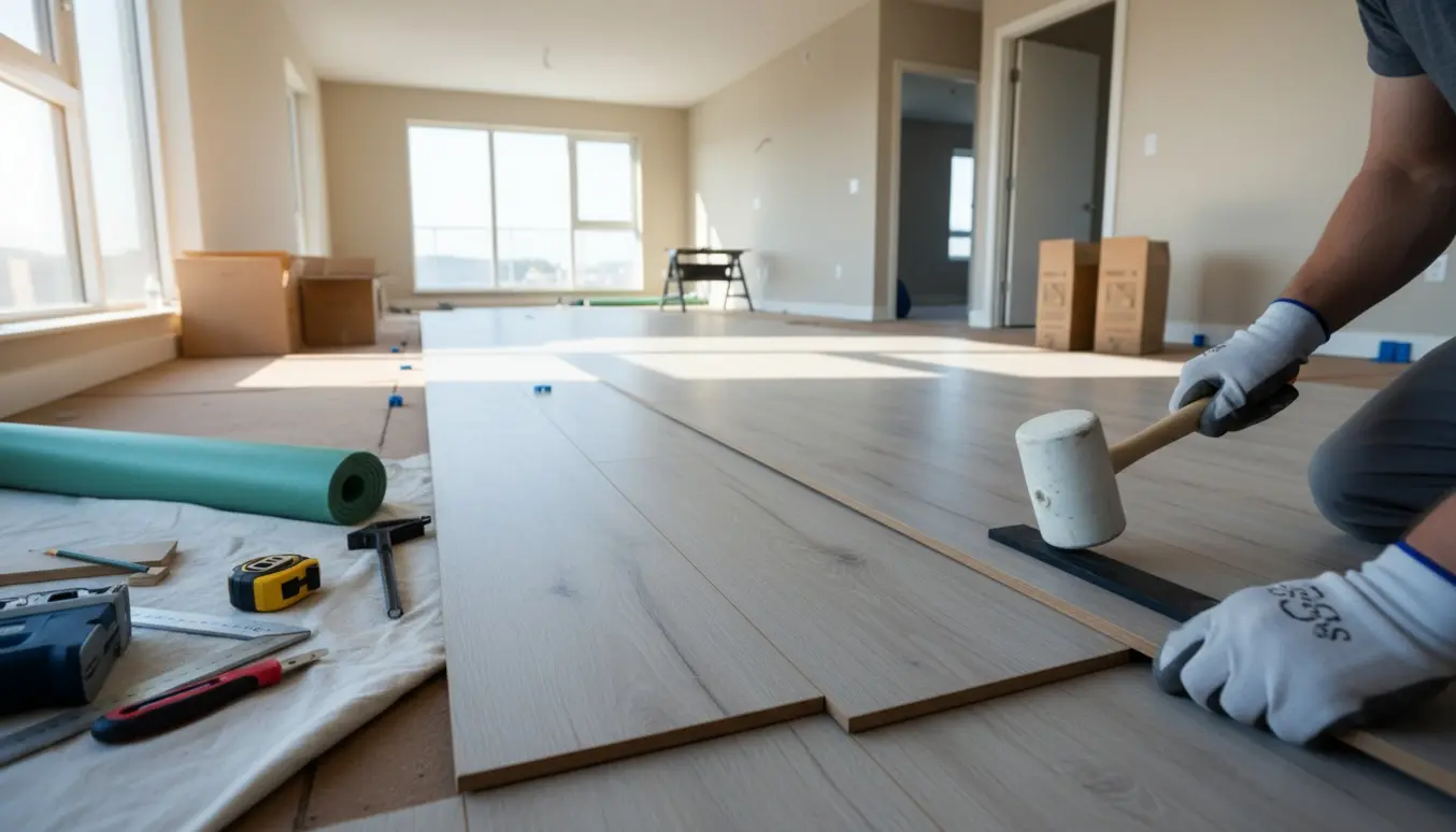 Nærbillede af lægning af kliklaminat i en tom lejlighed med værktøj og materialer omkring.