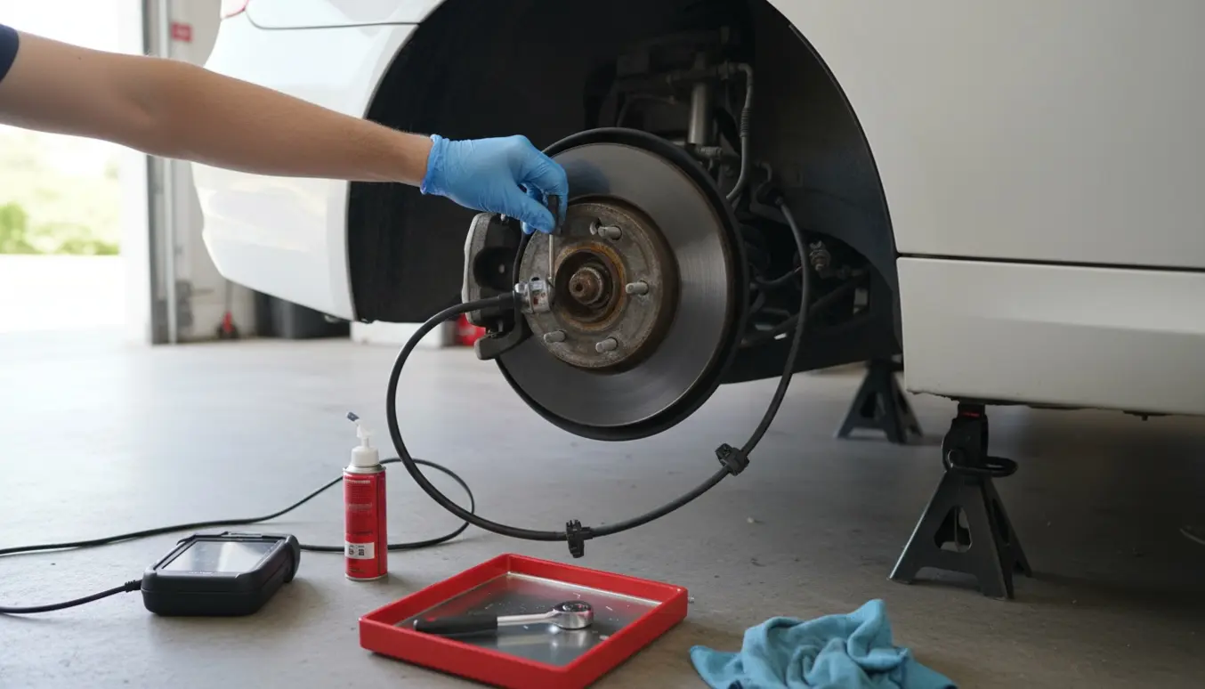 Nærbillede af venstre baghjul på en BMW E90 med fjernet hjul, hvor en mekaniker udskifter ABS-sensoren ved hjælp af værktøj og en diagnosticeringsenhed.