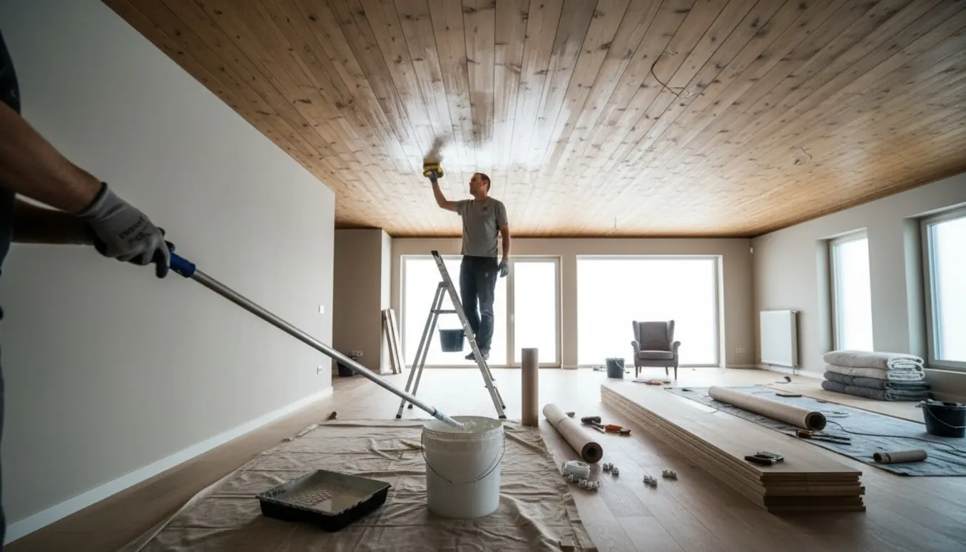 Hvid ludbehandling af et træloft i en stor stue med nye gulvbrædder og malerredskaber.
