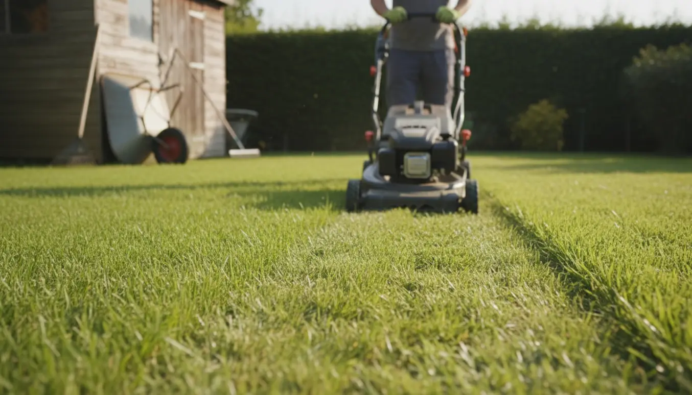 Plæneklipper i arbejde på en have med nyligt slået græs og haveredskaber i baggrunden.