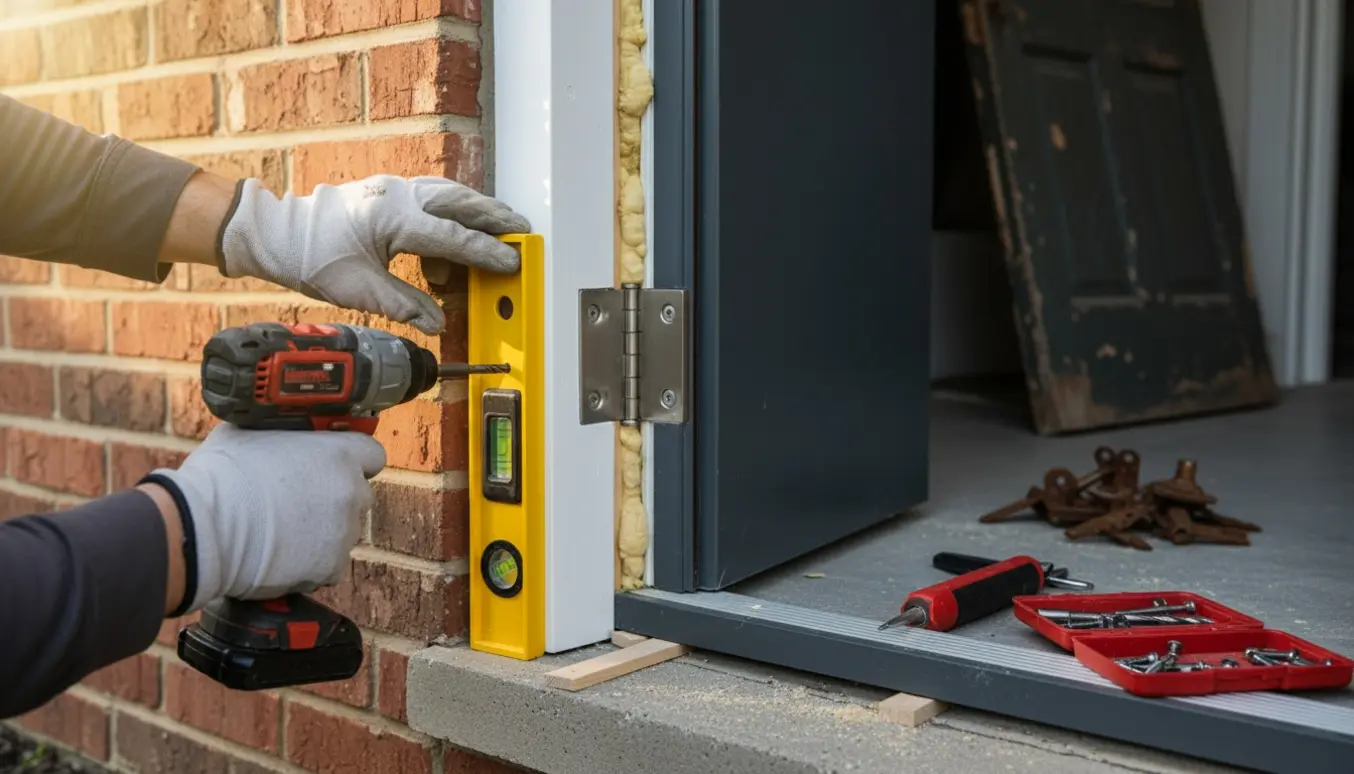 Hænder monterer en ny yderdør i en karm med værktøj og den gamle dør lænet mod husmuren.