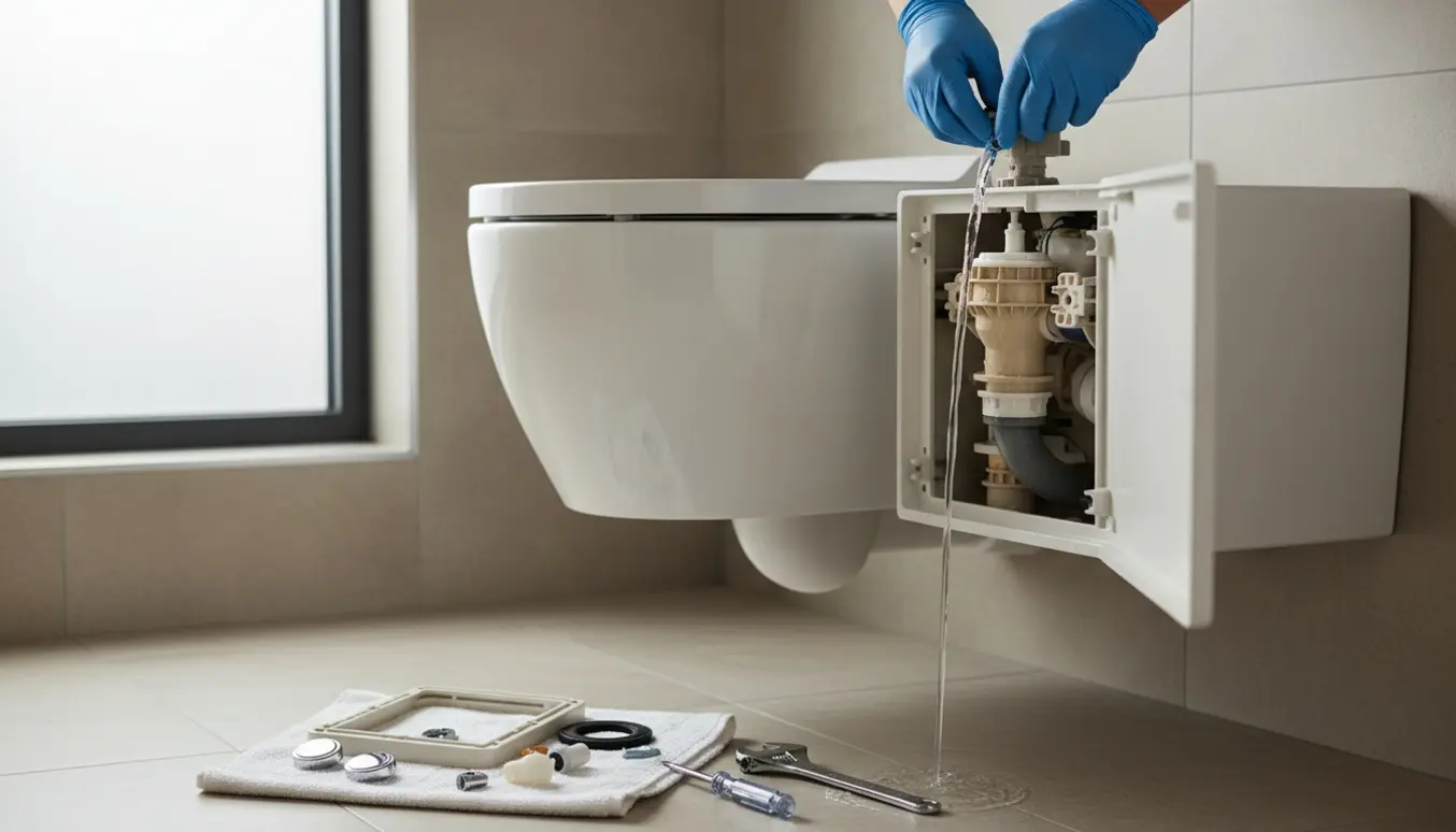 Væghængt toilet med åben indbygningscisterne og værktøj, hvor vand løber i overløbet.