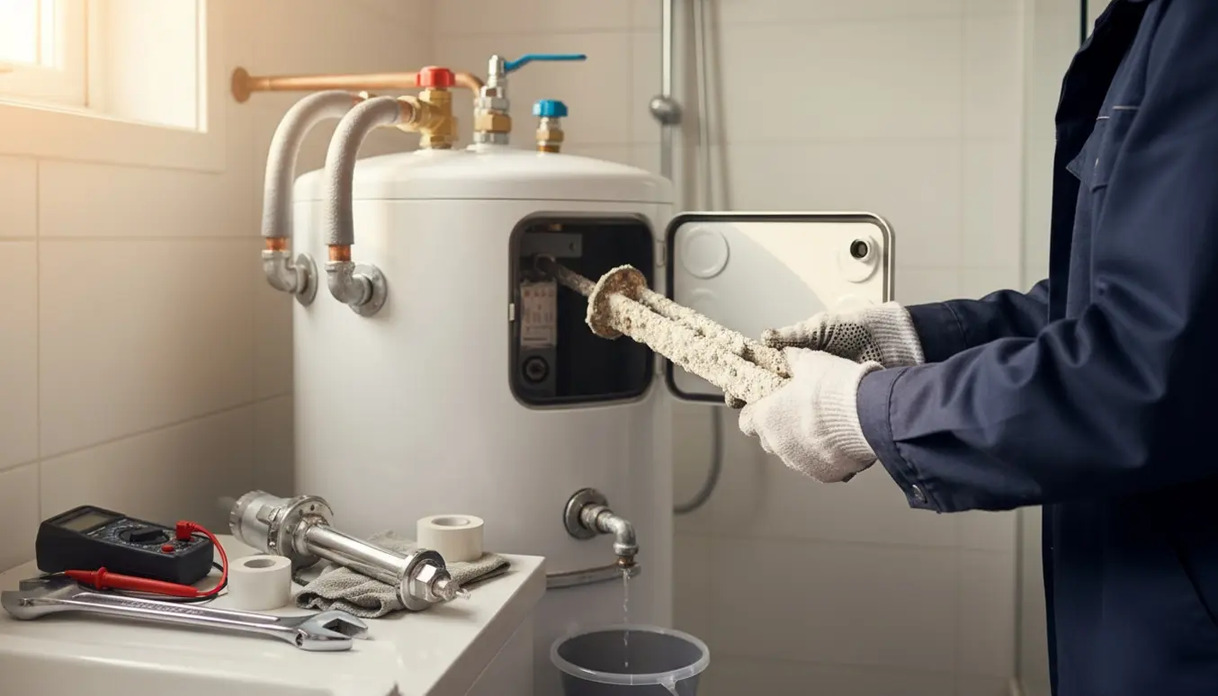 Tekniker fjerner kalkbelagt varmeelement fra en åben varmtvandsbeholder i et lille teknikrum.