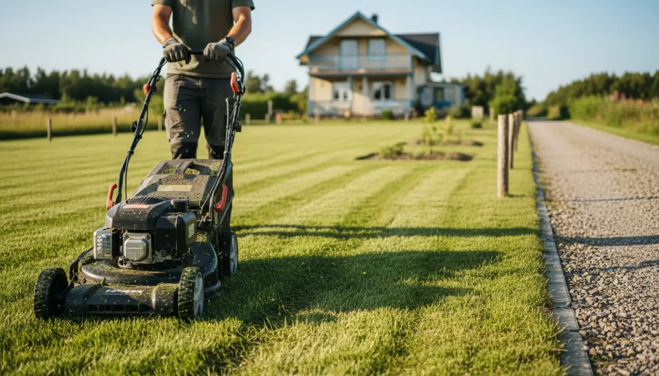 Græsslåmaskine skaber pæne striber på en sommerhusgrund langs en offentlig sti.