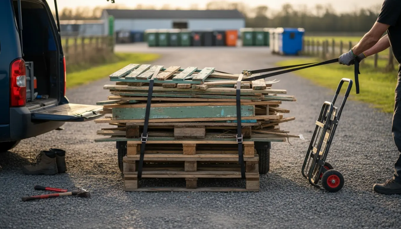 Traileren fyldt med træaffald — paller og nedrevet legehus — spændt fast og klar til afhentning.