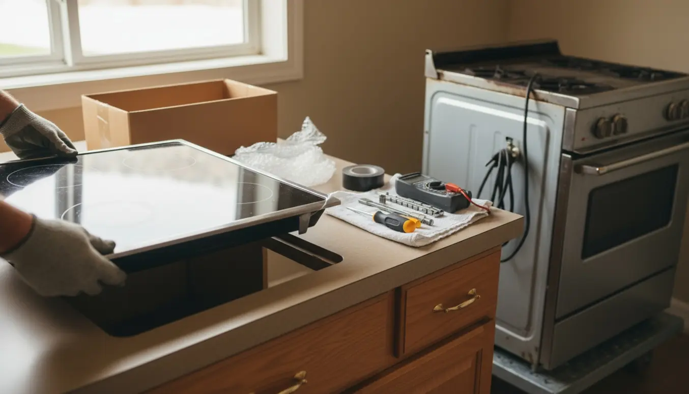 Nærbillede af hænder, der installerer en brugt induktionskomfur i et køkken, uden synlige ansigter.