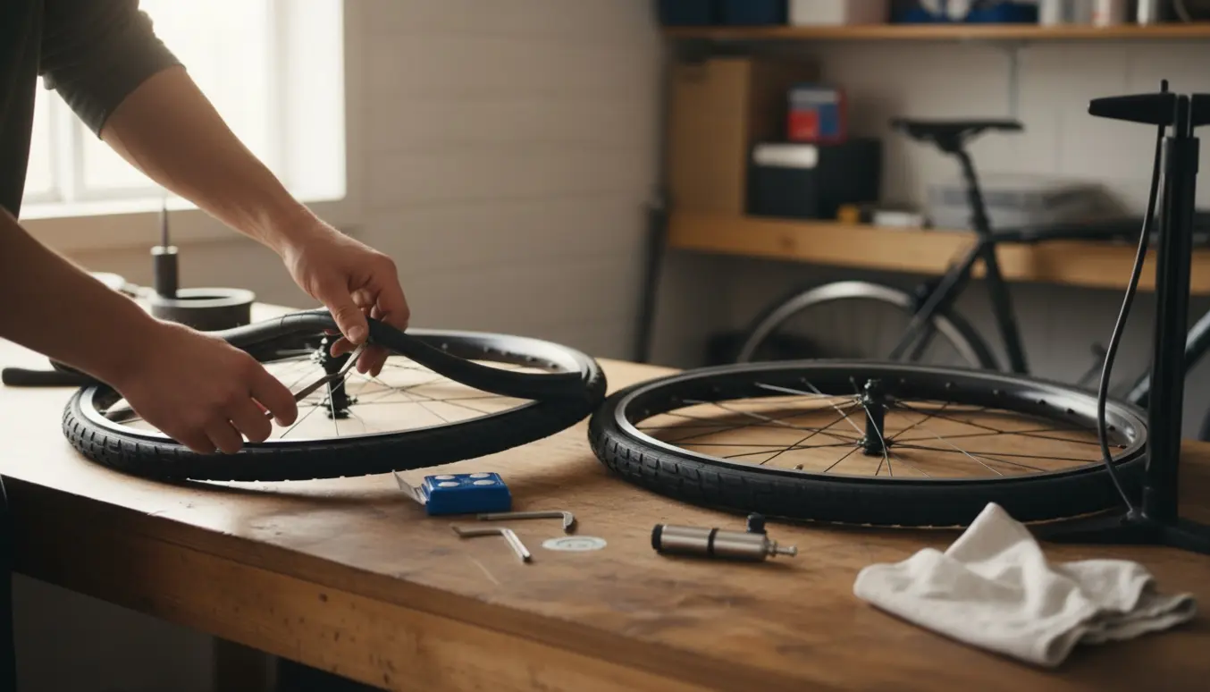 Nærbillede af hænder, der reparerer to cykelhjul med lappekit og nye dæk på et lyst værksted.