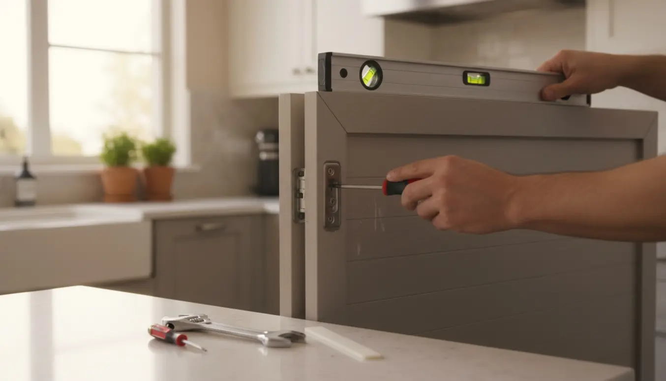 Nærbillede af hænder, der justerer hængslerne på en skæv integreret køleskabslåge i et moderne køkken.