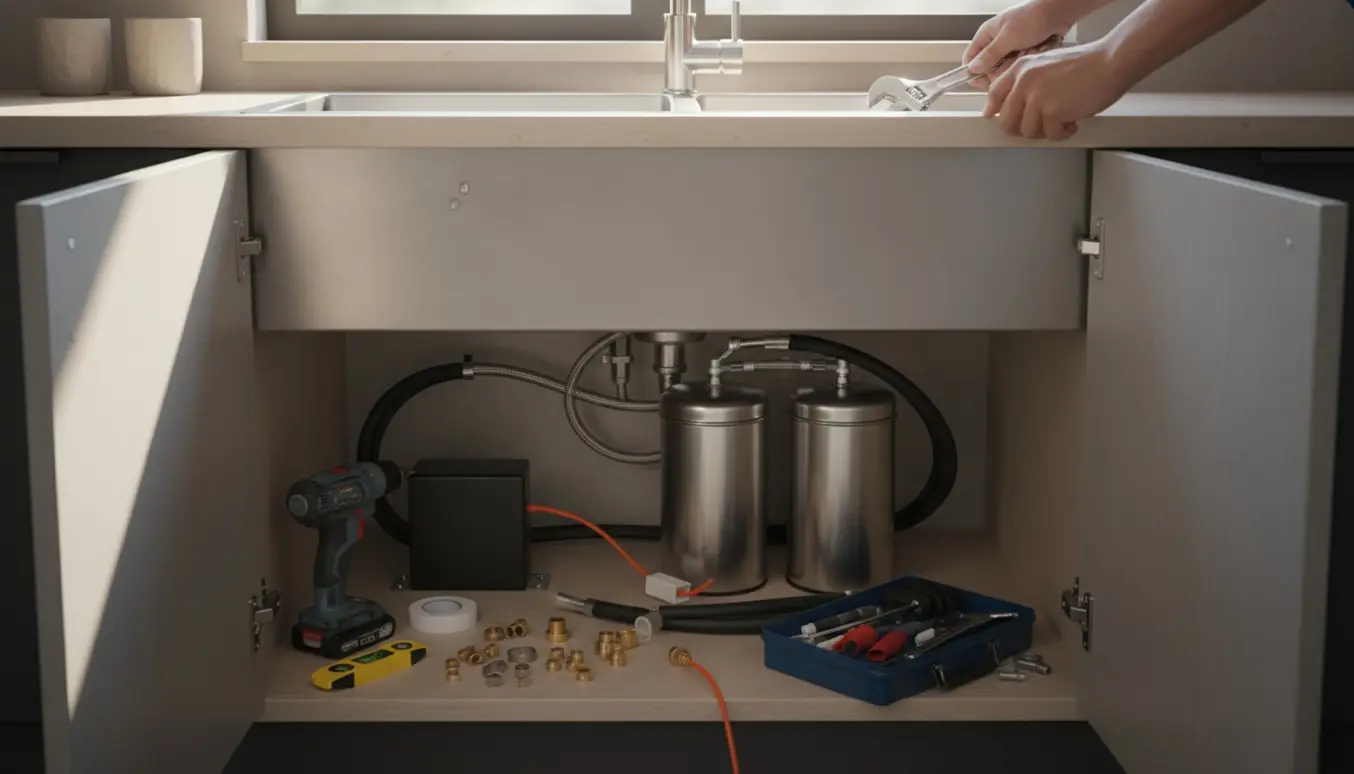 Hænder forbinder slanger og el til en instant-kogevandshane og en mat-sort cube under et åbent køkkenskab.
