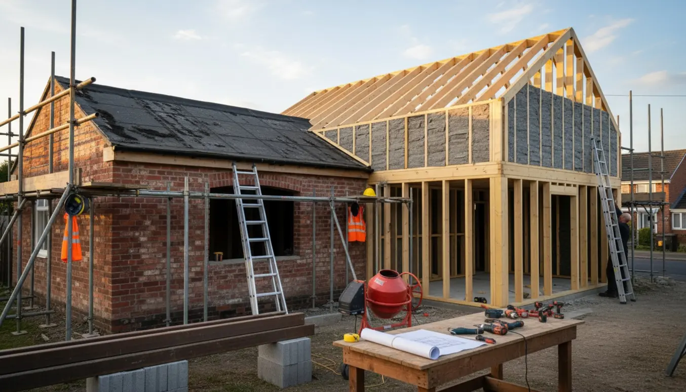 Garage/udhus under renovering med nyt træskelet og stillads klar til at få en etage ovenpå.