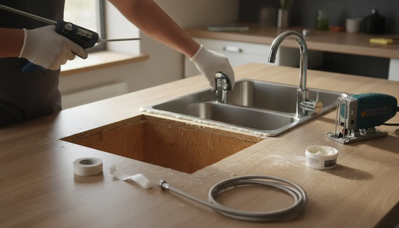 Montering af håndvask og armatur i laminatbordplade med hvid fuge og værktøj på bordet.