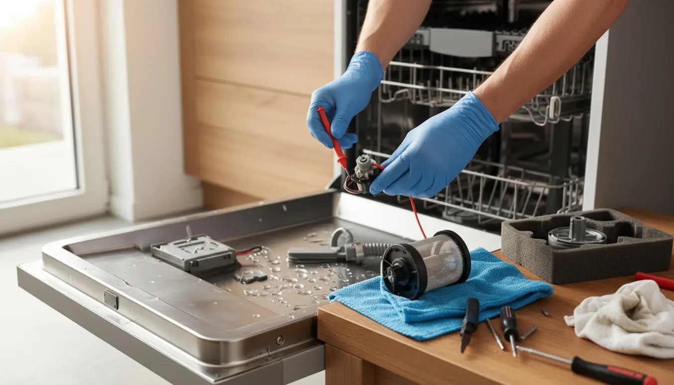 Nogen reparerer en åben opvaskemaskine med pumpedele og multimeter på køkkenbordet.
