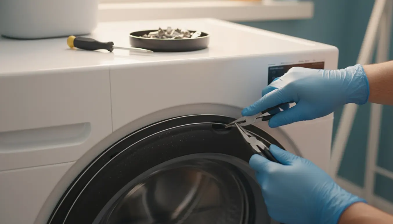 Nærbillede af hænder i handsker, der monterer det lille metalbånd i gummipakningen på en frontbetjent vaskemaskine.