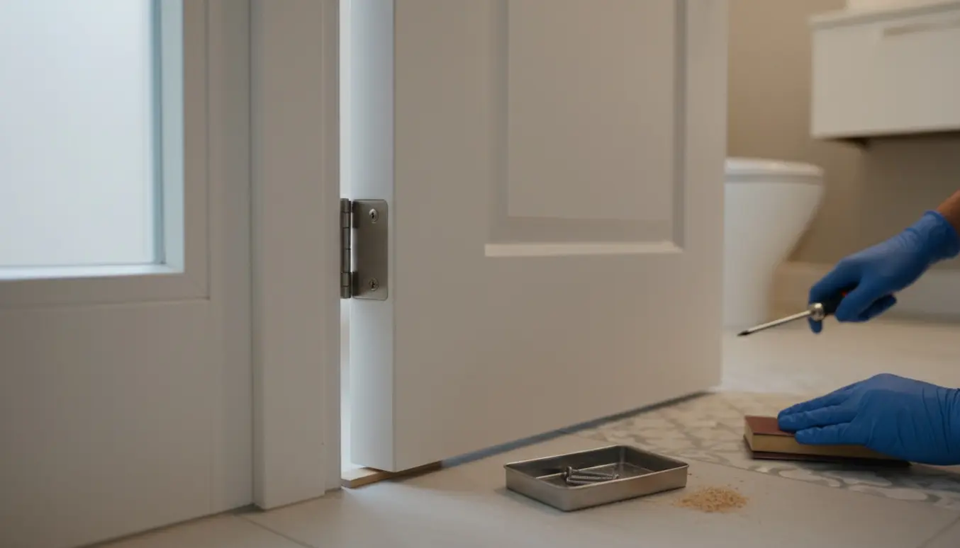 Ny toiletdør kiler i midten med værktøj og træspåner på gulvet.