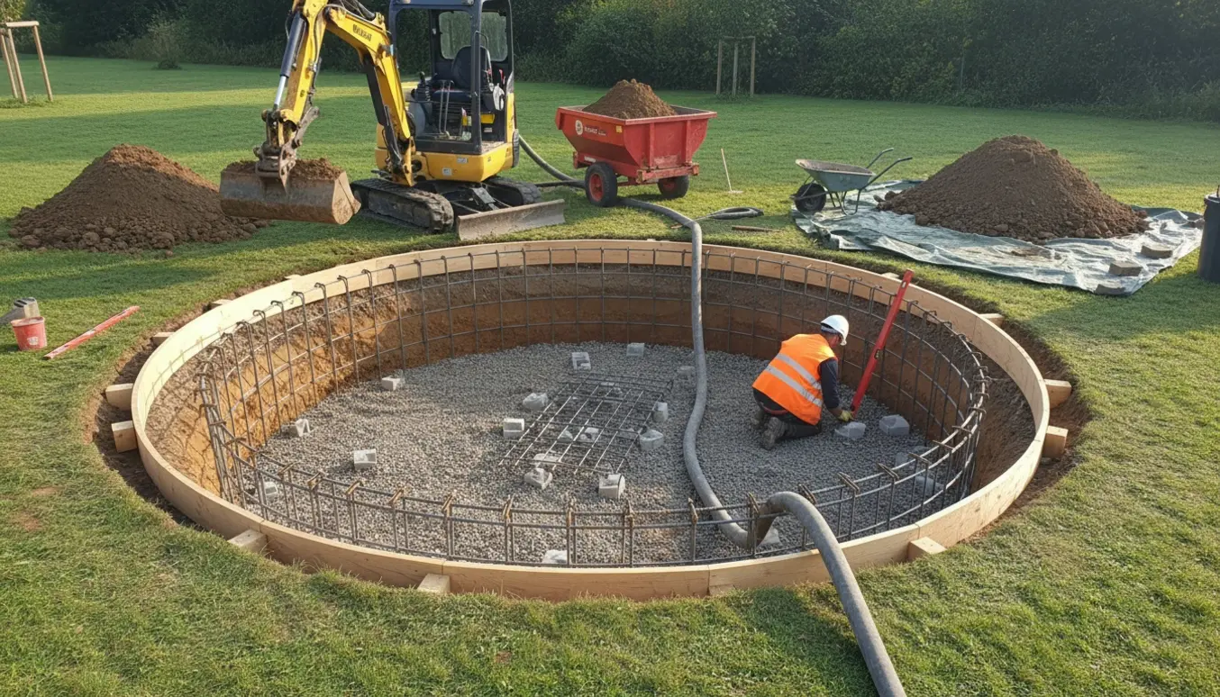 Delvist udgravet rund pool med armeringsjern i bunden, minigraver og bunker af jord klar til bortkørsel.