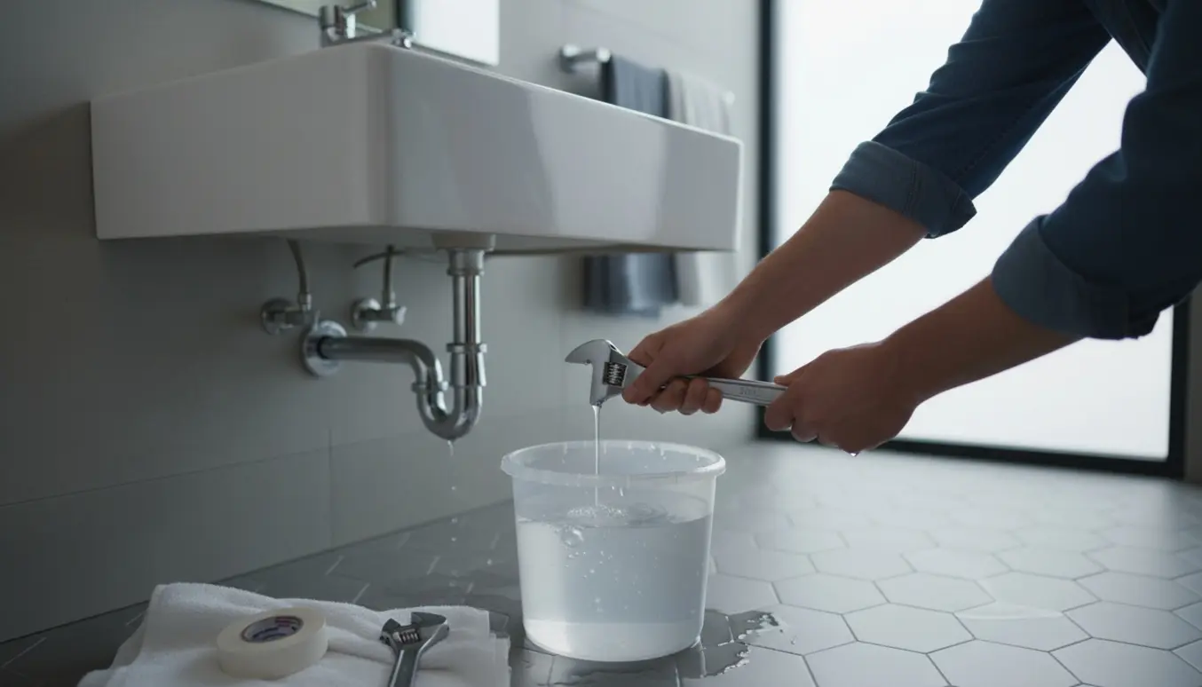 Væghængt vask med et dryppende afløbsrør, en spand under lækagen og en skiftenøgle ved siden af.