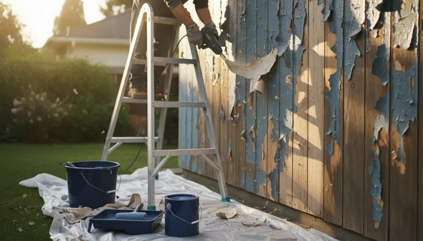 Nærbillede af fjernelse af boblet træmaling med varmepistol og skraber på husgavlen, klar til nymaling.