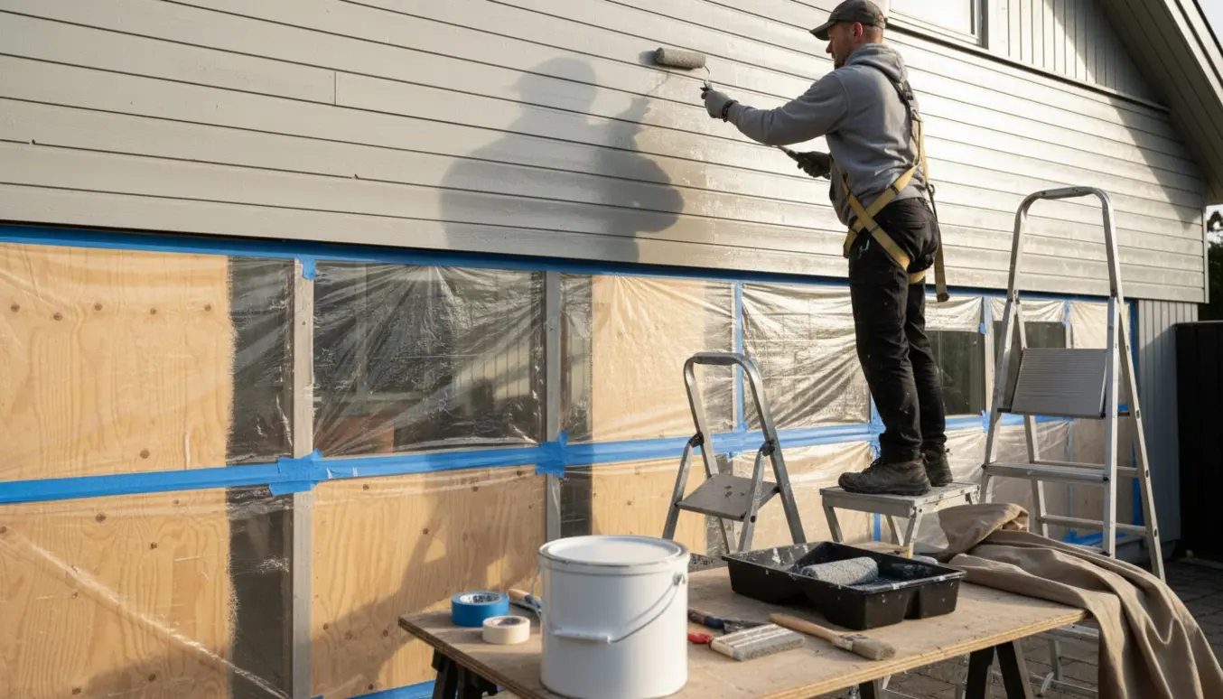 En maler på stige maler en træfacade på 1. sal med beskyttelse lagt over udestuen.