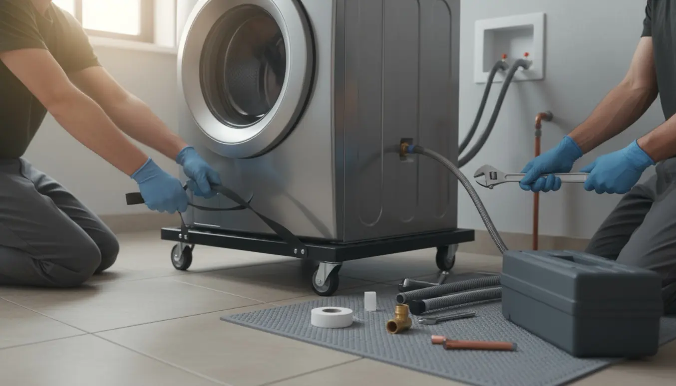 VVS-tekniker tilslutter vandslange til en vaskemaskine i et lyst vaskerum.