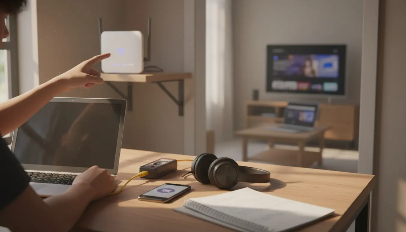 Hjemmefejlfinding af internet: hænder tilslutter kabel til bærbar med router i baggrunden.