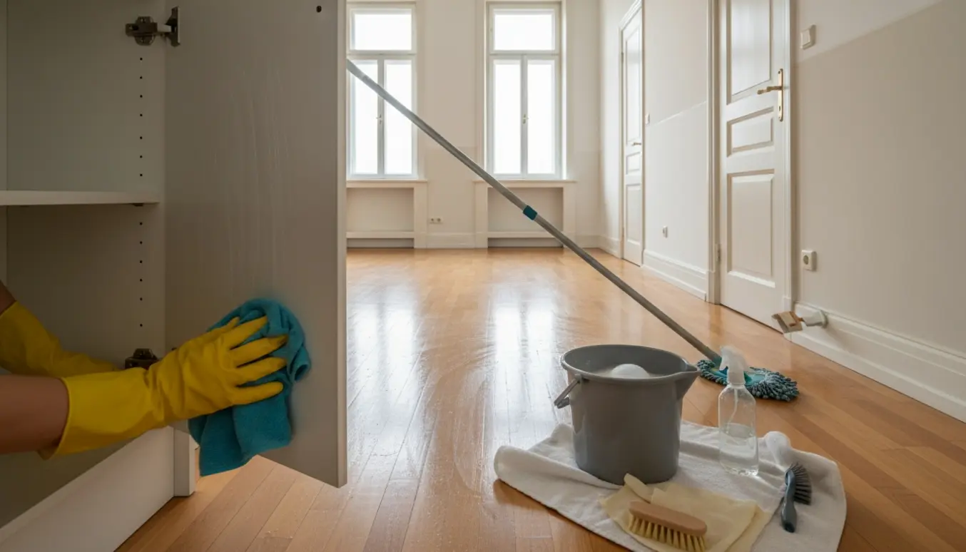 Tom lejlighed under grundig rengøring med hænder i gule handsker, åben køkkenskab og nymoppet gulv.