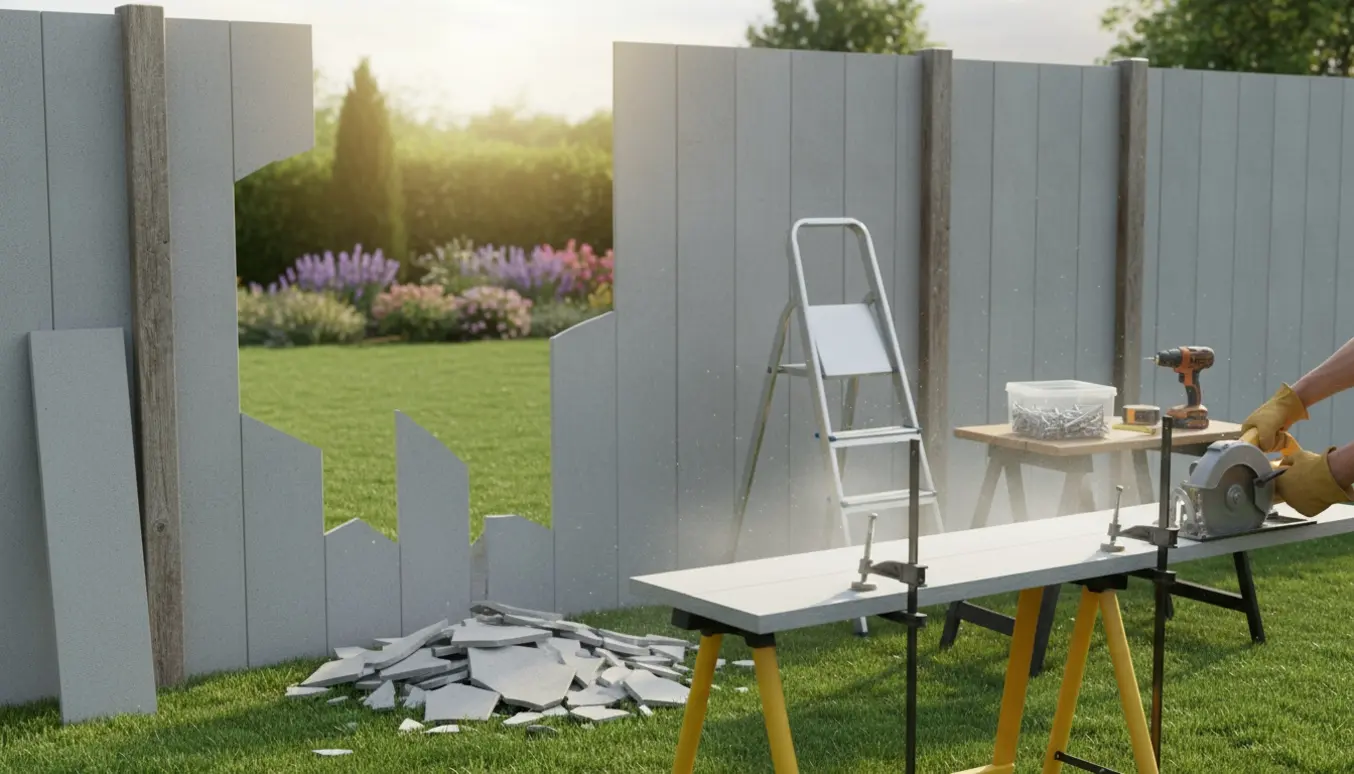 En person skærer fiber-cement brædder til ved et delvist ødelagt hegn i en have.