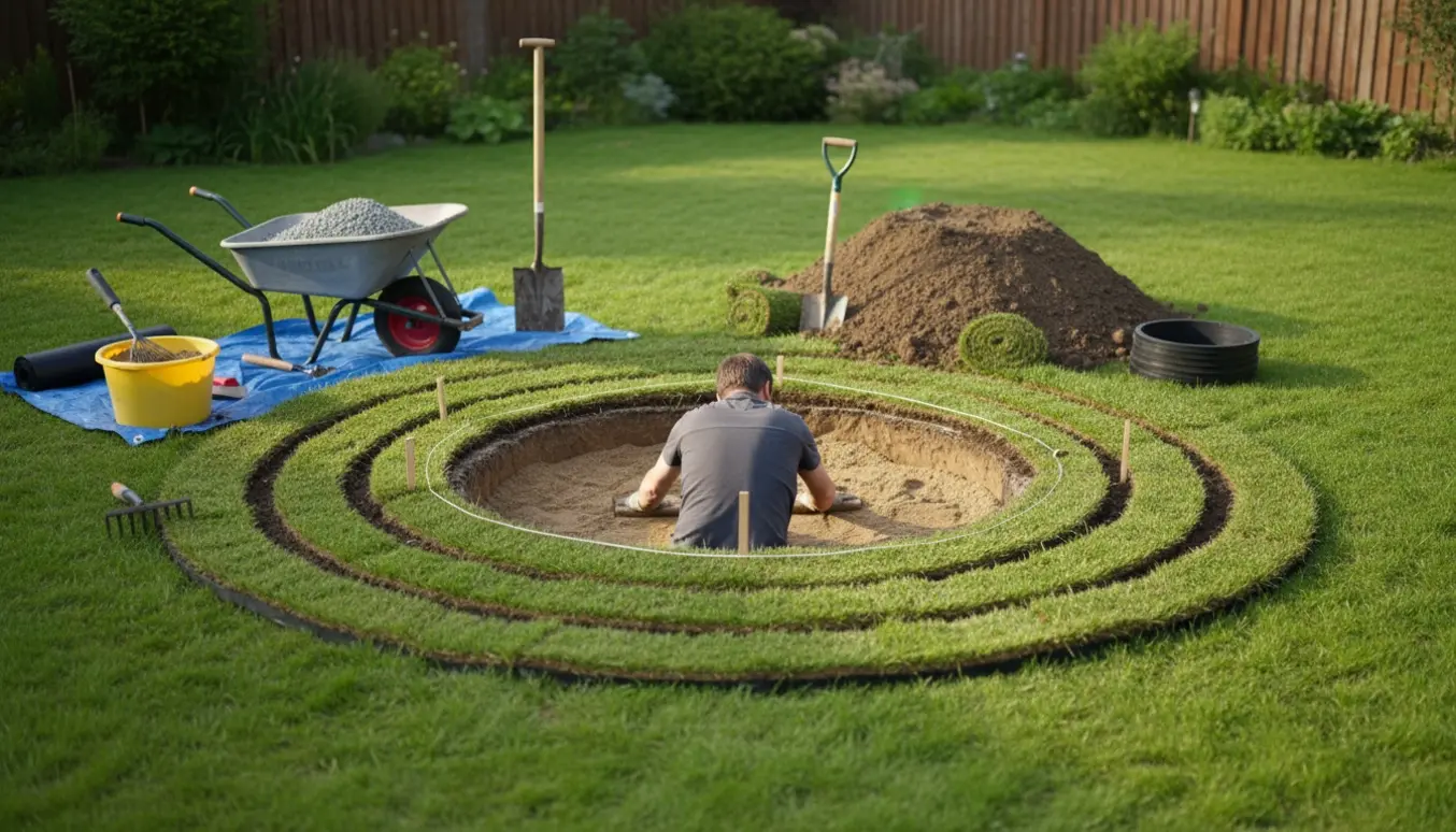 Udgravning af en stor rund fordybning til en nedgravet trampolin i en grøn baghave med redskaber og rullede plænestykker.