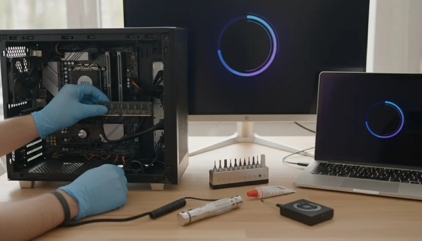 Åben PC med teknikerhænder og værktøj, mens en skærm viser et gentaget opstartsikon.