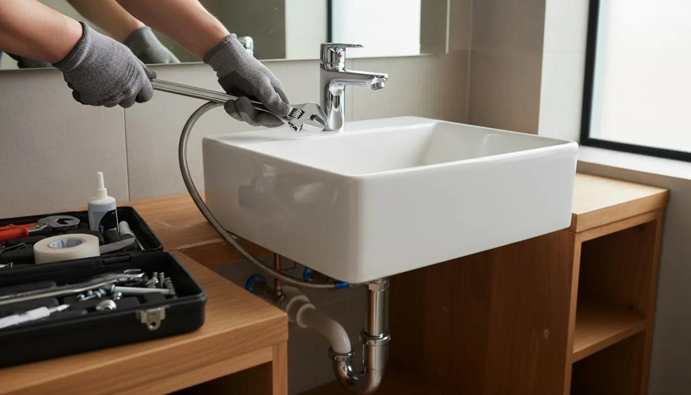 Hænder monterer en ny håndvask og armatur i et badeværelse med værktøj og synlige vandrør.