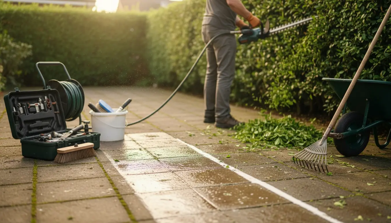 Højtryksrensning af fliser og klipning af hæk i en lille forhave med værktøj og hækkeafklip i forgrunden.
