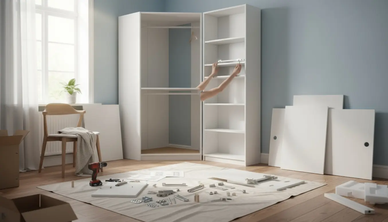 Hænder samler en hvid PAX-hjørnegarderobe og BILLY OXBERG-reol i et lyst værelse.