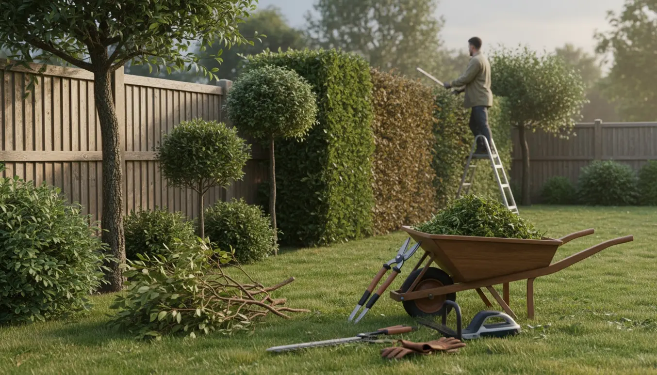 Velholdt have med nysnoet hæk, trillebør med afklip og en havearbejder, der beskærer buske og træer.