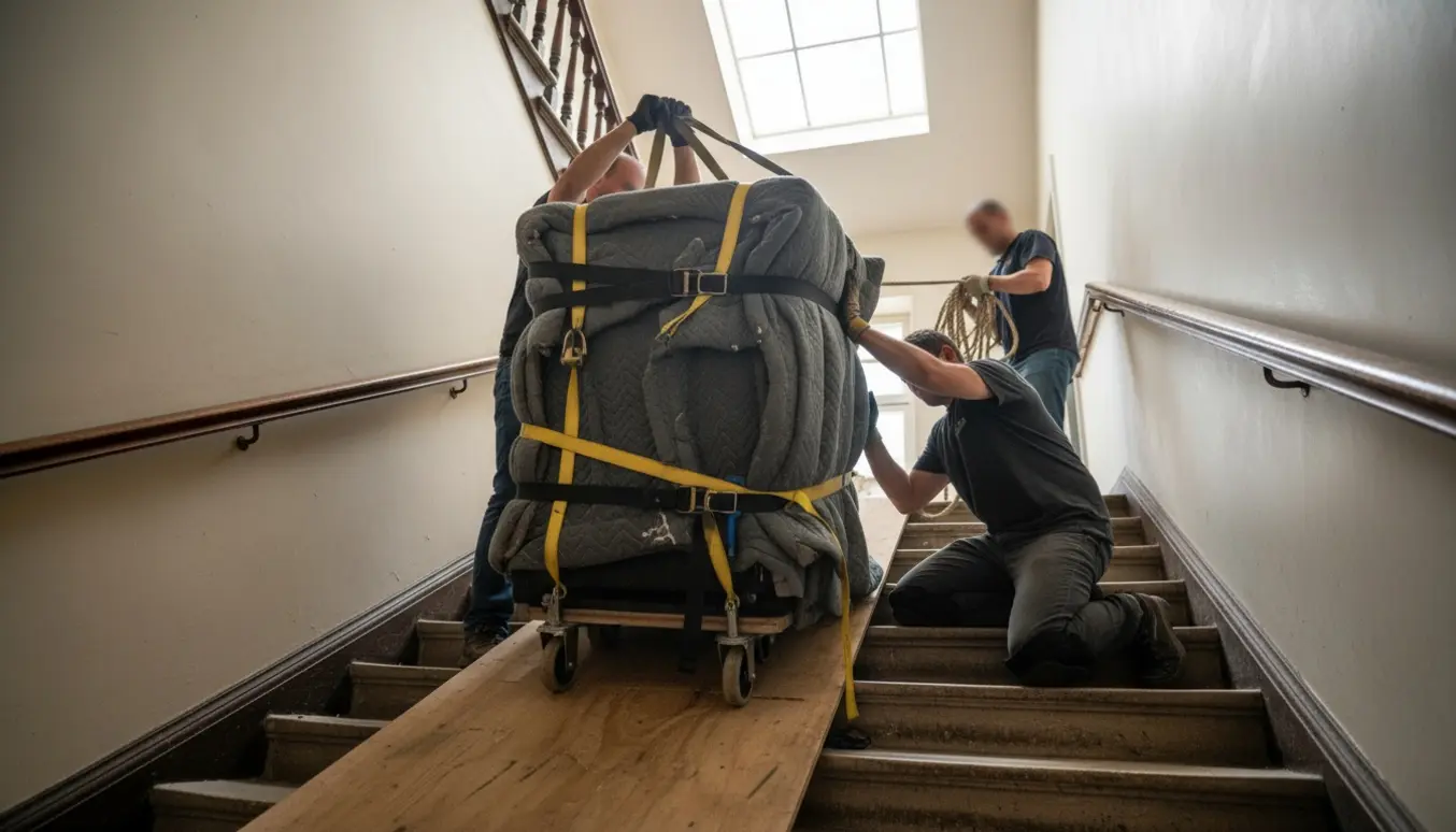 Et hold flyttemænd trækker et meget tungt pengeskab op ad en stejl, snæver trappe med stropper og dolly.
