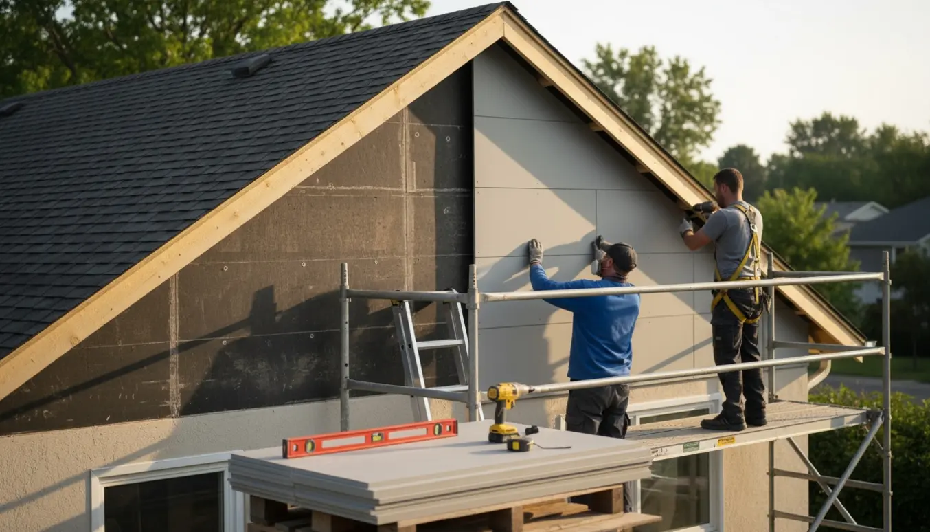 Udsnit af udskiftning af gavlbeklædning med fibercementplader, stillads og værktøj i naturligt lys.