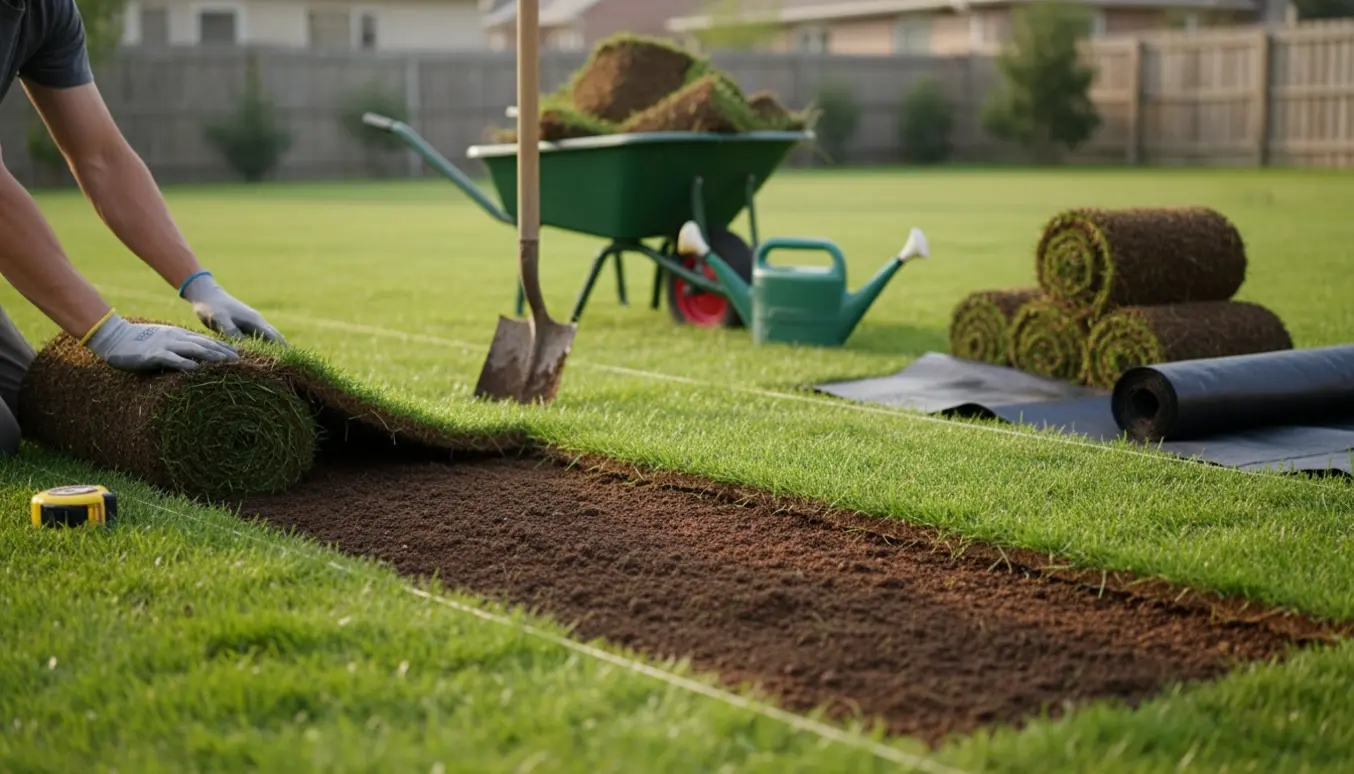 Nylagt plæne med ruller af græstørv, værktøj og hænder i gang med at lægge nyt græs.