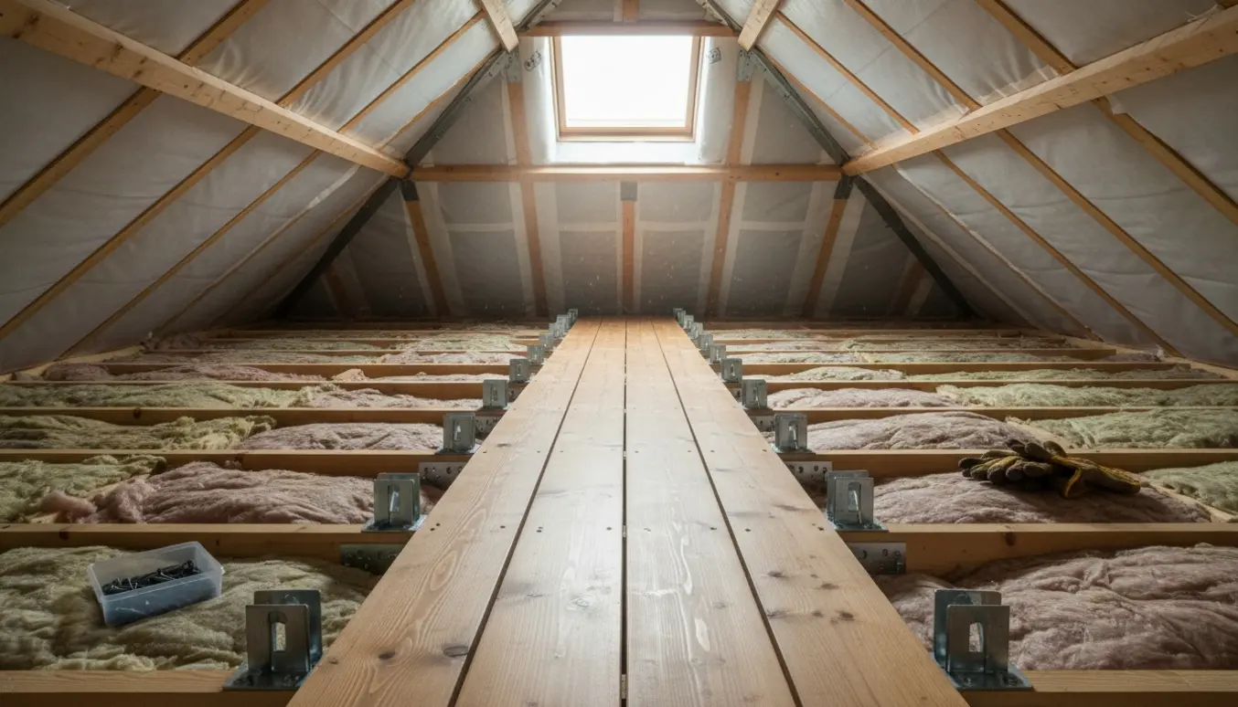 Hævet gangbro i loft med installeret vindstop og synlig efterisolering.