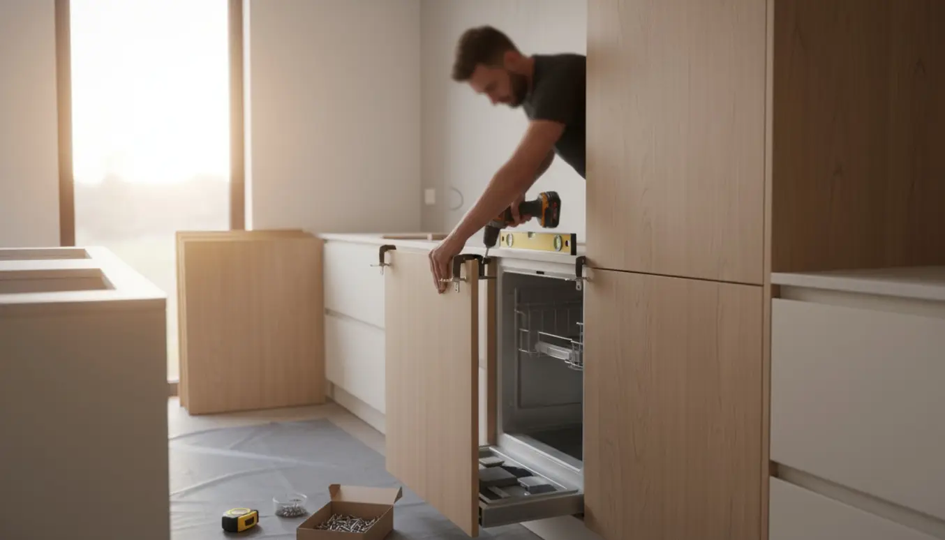 Hænder monterer køkkenlåger og frontplader på opvaskemaskine og køleskab i et delvist færdigt Aubo-køkken.