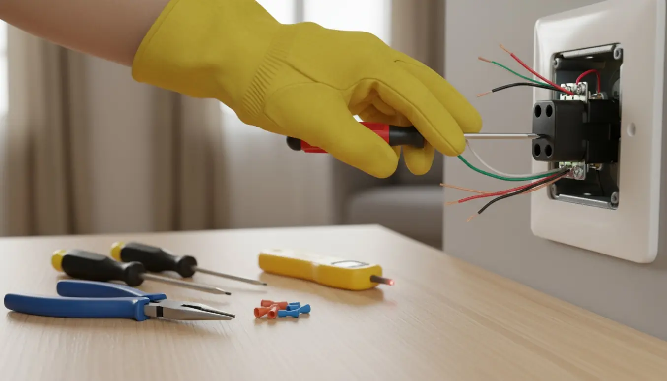 Nærbillede af elektrikerhænders med isolerede handsker, der strammer en løs forbindelse i en åben stikkontakt.