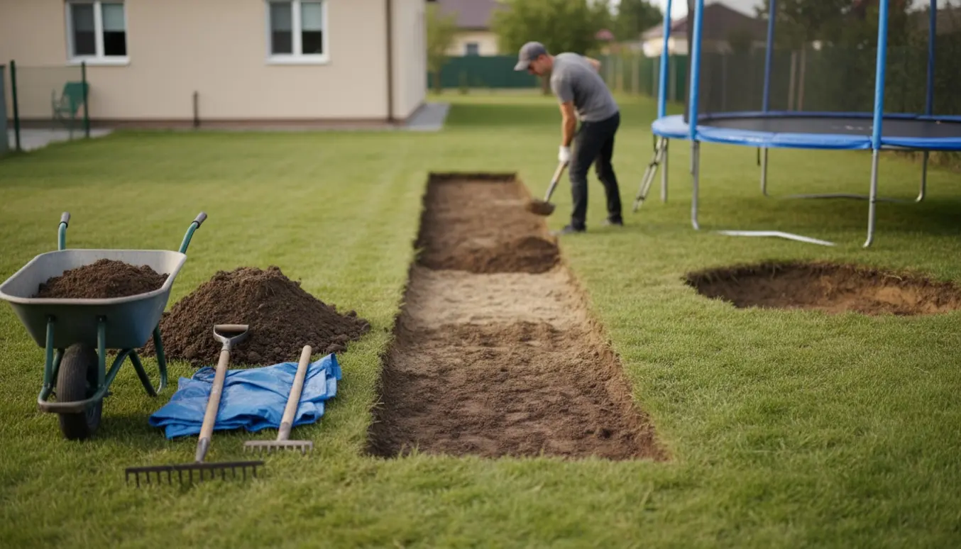 Person fjerner ca. 15–20 cm jord fra et afgrænset haveareal og læsser i trillebør for at fylde et stort hul ved trampolinen.