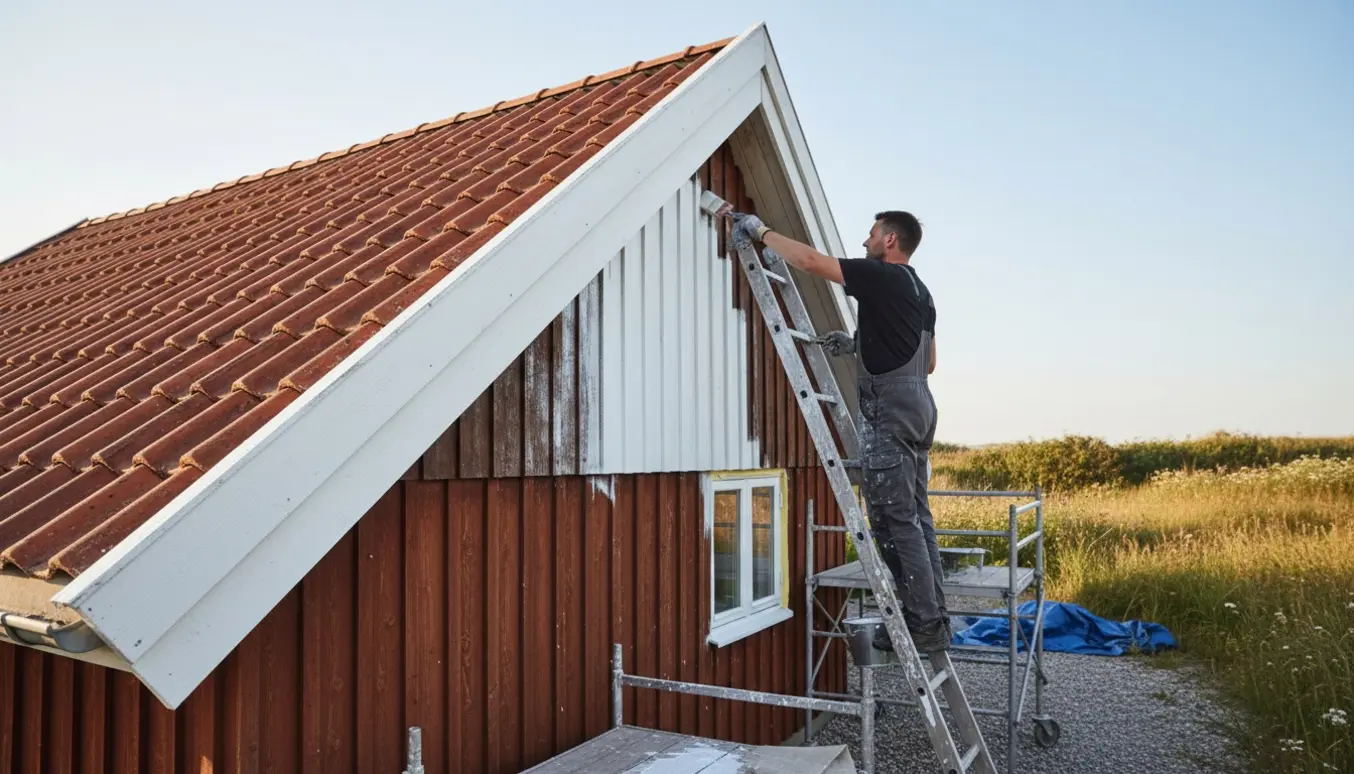 En person maler gavl, sternbrædder og vindskeder på et træ-sommerhus med frisk hvid maling.