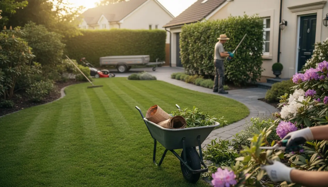 Nyklippet hæk, slået græs og haveredskaber foran et indbydende hus, klar til fremvisning.