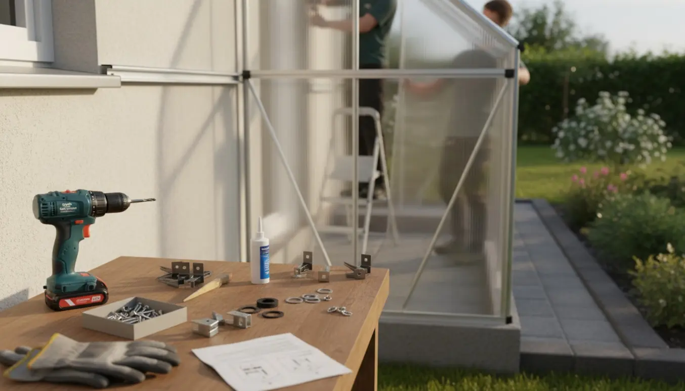 Halvfærdigt Halls Altan 62-drivhus monteres ved husets side, med værktøj og hænder i fokus.