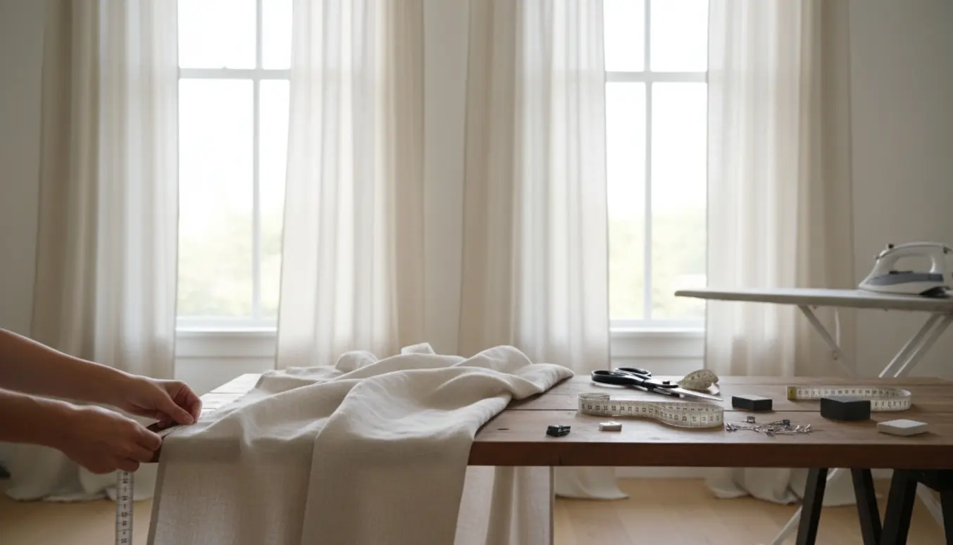 Hænder justerer og måler lange, luftige gardiner foran to lyse stuevinduer.