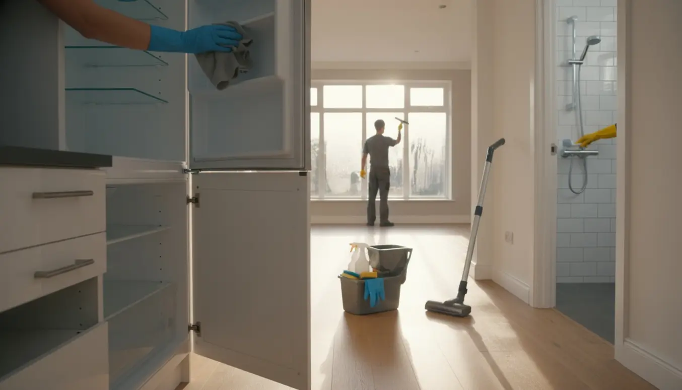 Grundig flytterengøring i lyst køkken med åbne skabe, rengøringsudstyr og en person, der vasker vindue.