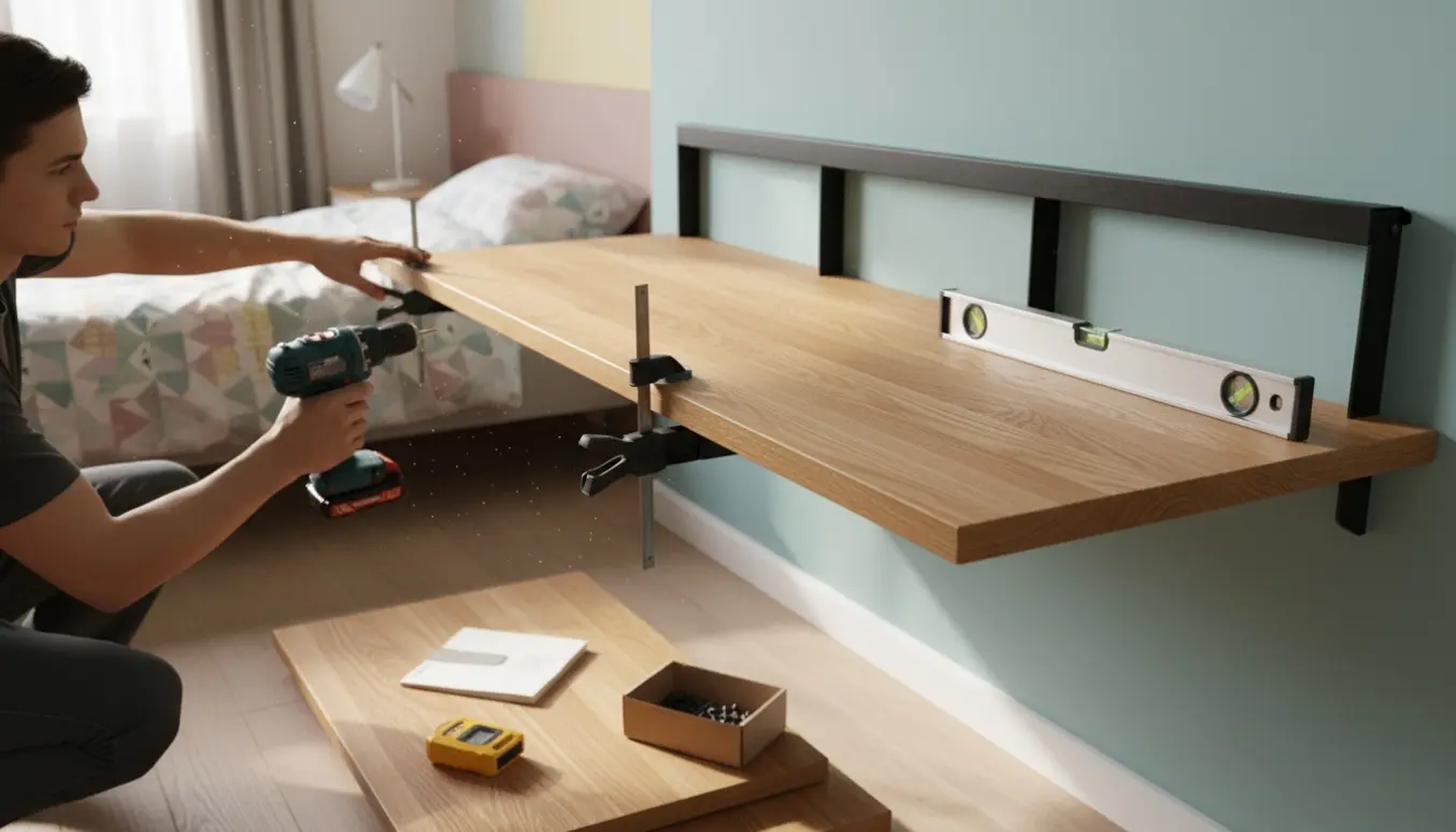 Installation af et væghængt skrivebord i et teenageværelse med håndværkerhænder, værktøj og monteringsbeslag.