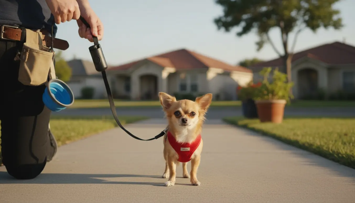 En chihuahua i sele bliver luftet på et solrigt fortov med snor, hundepose og vandskål synlige.